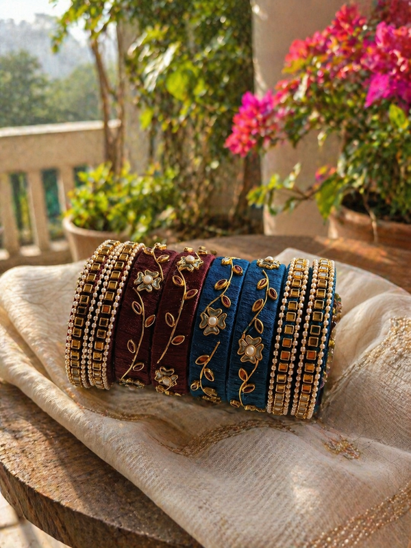 The Royal Floral Silk Thread Churi Set - Maroon & Teal