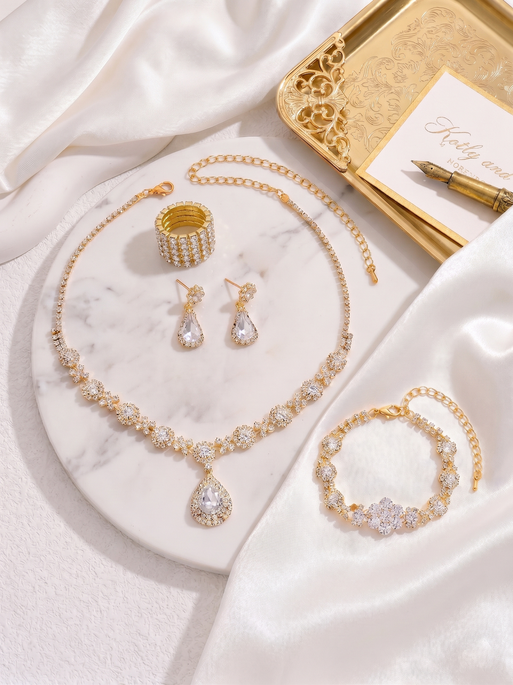 High-End European & American Golden Crystal Gemstone Jewelry Combo